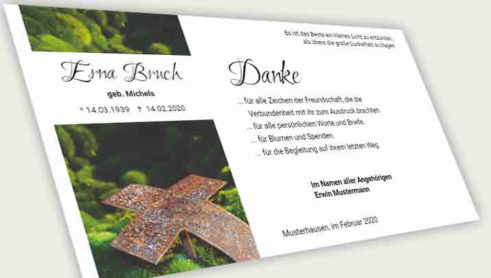Danksagung Todesfall ein Kreuz im Moos