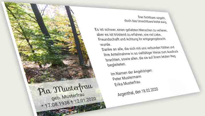 Trauer Danksagungskarte Soonwald im HunsrÃ¼ck